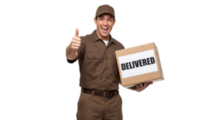 Prompt Delivery with a Smile: A uniformed delivery person, embodies service excellence, cheerfully presents a parcel, confirming timely arrival and customer satisfaction. png