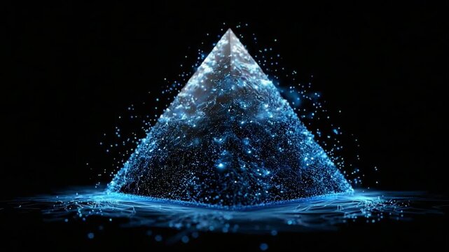 Luminous Pyramid of Digital Energy: A stunning visualization of a digital pyramid structure, radiating with glowing blue particles against a dark, dynamic backdrop. 