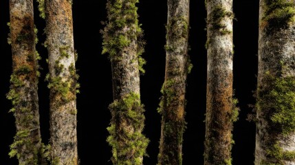 Obraz premium Close-Up View of Tall Tree Trunks Covered in Green Moss with Dark Background for Nature and Forest Imagery