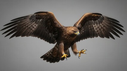 Obraz premium Majestic golden eagle in mid flight with wings fully extended capturing prey with sharp talons against a neutral background