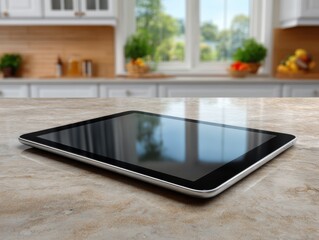 Tablet on a kitchen countertop, showcasing a smart home lifestyle with clean design, surrounded by fresh fruits and a bright window view, ideal for modern living