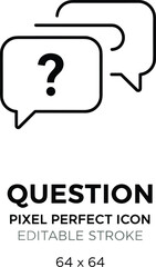 Naklejka premium Editable stroke pixel-perfect line icon depicting two chat bubbles with a question mark, representing customer support, FAQ, and assistance.