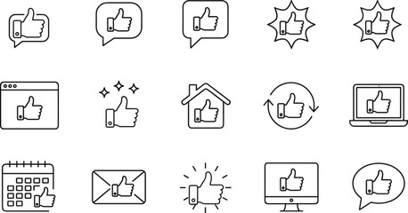 Large set of black and white line icons representing various forms of approval, social media likes, positive feedback, and thumbs-up gestures across different platforms.