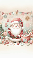 Cute Santa Claus Christmas Illustration –  Scene with Candy, Tree & Bunting for Greeting Cards, Social Media & Holiday Branding