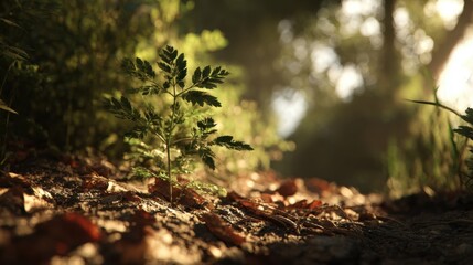 Obraz premium Sunlit Green Plant Growing in a Forest with Soft Focus on Surrounding Leaves and Earth Among Fallen Leaves
