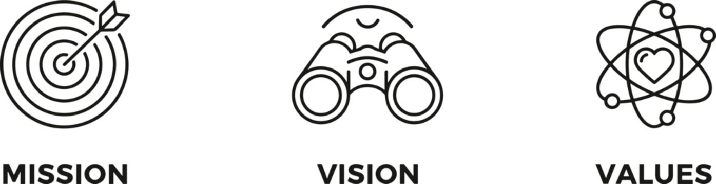 Core business icons representing organizational mission, strategic vision, and fundamental company values using a target, binoculars, and an atom symbol.