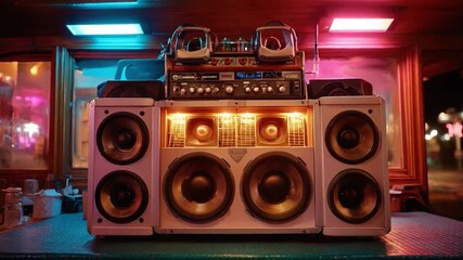 Vintage Boombox: A retro boombox, complete with speakers and a sound system, pulsates with vibrant neon light, casting an iconic image that evokes music and nostalgia.