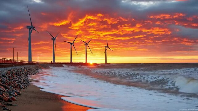 Wind Turbines At Sunset: A breathtaking sunset casts a fiery glow across the sky, illuminating a row of wind turbines that stand tall along the coastline.