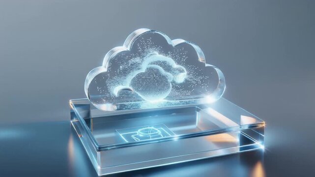 Digital Cloud Paradigm: A luminous, transparent cloud representation, rests on a digital platform, representing technological connectivity, data storage.