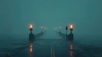 Mysterious Foggy Pier with Street Lights and Calm Water in Overcast Environment