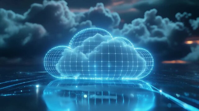 Digital Cloud Visualization: A glowing digital cloud illuminates the scene. The data-driven composition evokes ideas of cloud computing, information, and the digital realm. 