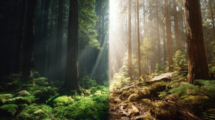 Fototapeta premium Transition Between Dark and Light Forests with Sunbeams Illuminating Vibrant Greenery and Mystical Atmosphere in Nature