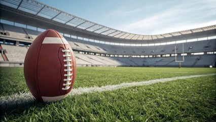 Fototapeta premium American football resting on green grass in an empty modern stadium during daytime