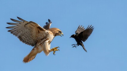 A large hawk with outstretched wings and talons extended confronts a smaller black bird in a mid air aerial battle against a clear blue sky