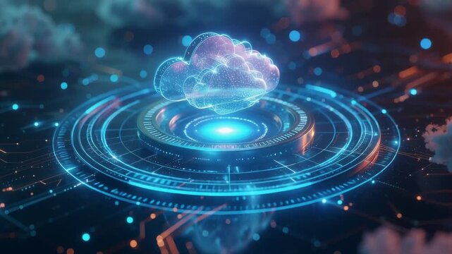 Cloud Computing Blueprint: A digital representation of cloud computing showcases an illuminated cloud formation at the center of a futuristic circuit design.