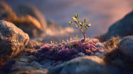 Delicate Green Plant Growing Amidst Colorful Moss and Stones in Serene Natural Landscape