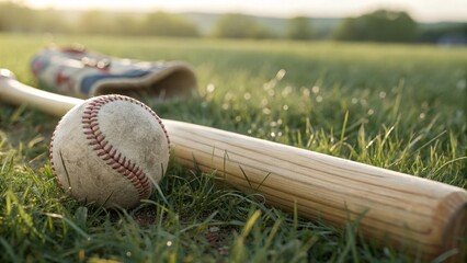 Close-up of Baseball Bat and Ball on Grass in Soft Evening Light at Outdoor Field