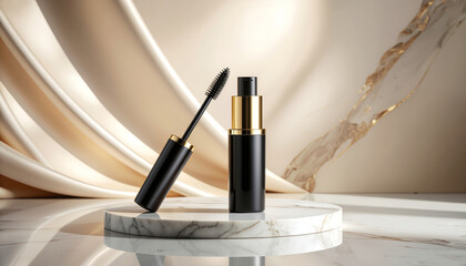 Elegant Mascara and Brush Displayed on a Marble Pedestal.