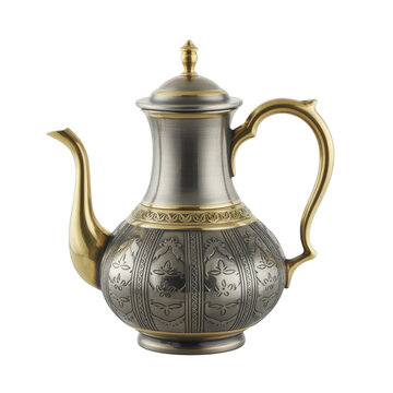 Silver teapot with gold accents and floral engravings isolated on a transparent background