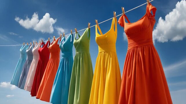 Colorful Dresses Drying in the Sunlight: A vibrant row of dresses in rainbow hues hang from a clothesline under a bright blue sky, the picture captures the essence of summer, joy.