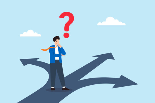Flat illustration of businessman standing at crossroads with question mark symbolizing uncertainty decision making career choice dilemma and future direction