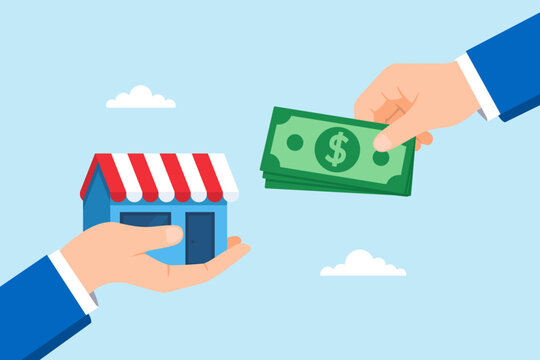 Flat illustration of hand offering money in exchange for storefront symbolizing business investment franchise buying entrepreneurship and small enterprise acquisition