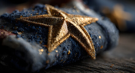 Folded American flag with a gleaming golden star Commemorating Pearl Harbor Remembrance Day on December 7th. A patriotic tribute to military history.