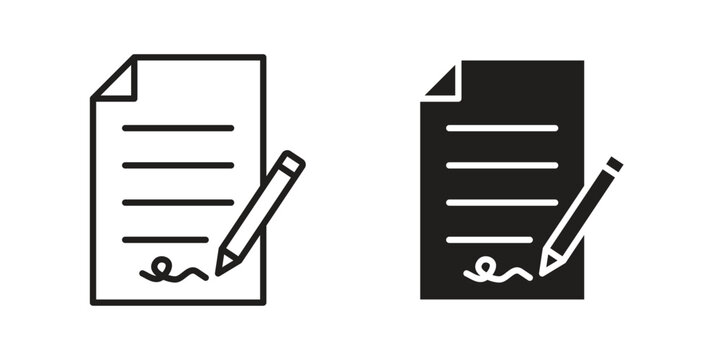 Signed contract icon flat and thin stroke vector pack. Editable icons set