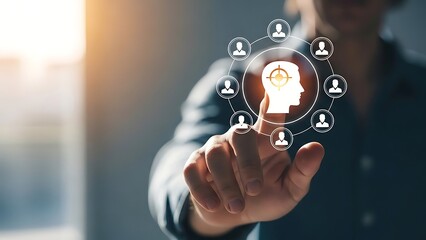 A person interacting with a futuristic interface accessing a network of user profiles and connections online