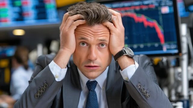 Stock Market Downturn: A distressed individual grapples with the economic turmoil, hands clasped to head in a moment of despair amidst financial indicators showing decline.