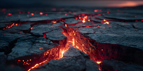 Dark volcanic rock surface texture with deep cracks emitting a brilliant molten red and orange glow from beneath. Image visualizes geological power, abstract energy, intense heat