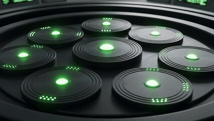 Futuristic Technology - Circular Devices with Green Lights in a Dark Setting.