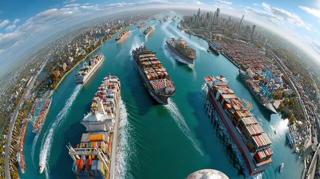 Global Shipping Hub: An expansive aerial view showcases a bustling waterway teeming with diverse vessels, signifying the vibrant exchange of goods and ideas across continents. 