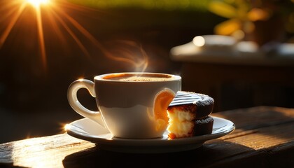 Obraz premium Warm sunlight falling on coffee cup and dessert, morning mood
