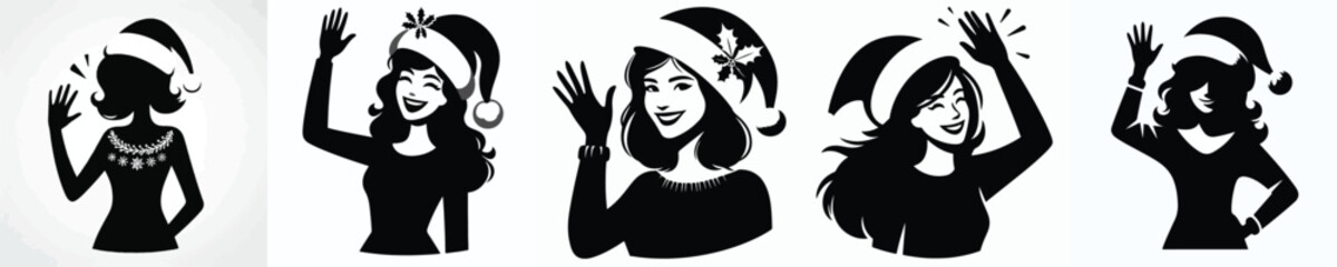 vector silhouette half body of a woman waving hello christmas