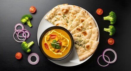 Delicious indian food platter with naan bread and curry
