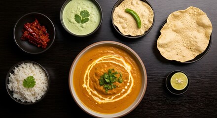 Delicious indian food platter with curry rice and accompaniments