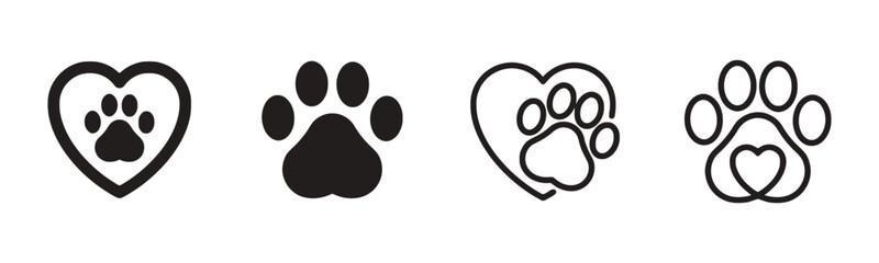 Four Paw Print Icons with Heart Designs Keywords: paw print, icon, heart, love, animal, pet, dog, cat, symbol, design, graphic, illustration, vector, black and white, simple, clean, outline