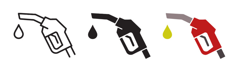 Gasoline pump nozzle icon set in different styles, including outline, solid fill, and color variations