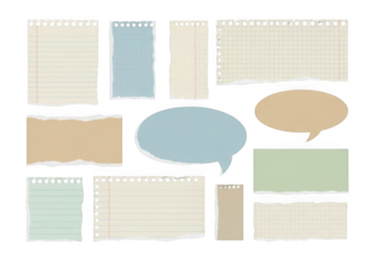 Collection of torn paper notes and speech bubbles, isolated on transparent background