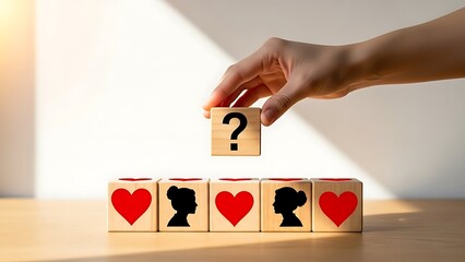 A hand holding a question mark block above heart and silhouette blocks on a wooden table with a white background