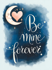 Be Mine Forever Moon And Heart Illustration