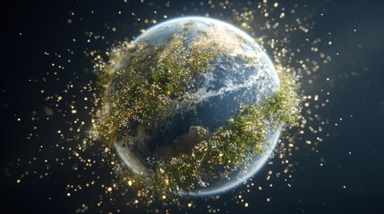 Obraz premium Globe Surrounded by Sparkling Particles and Greenery Representing Nature and Technology Harmony in Space Environment