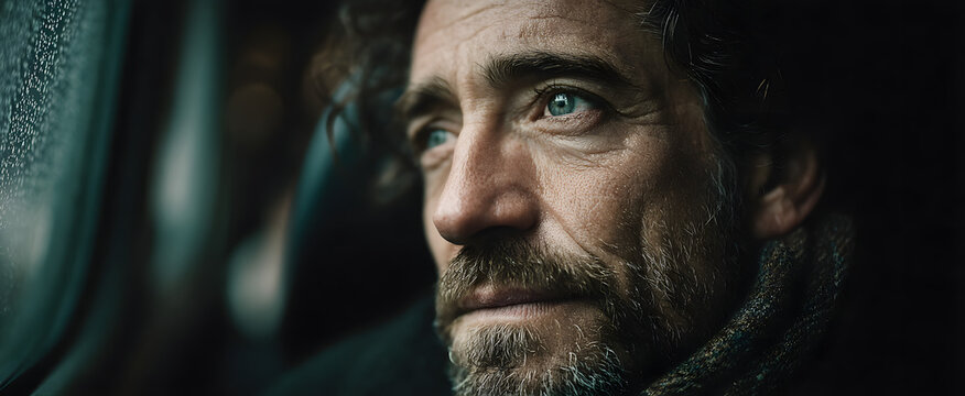 The man feels deep longing as he looks out the train window during travel