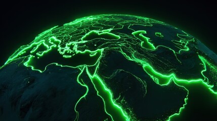 Illuminated Global Map with Neon Green Lines Highlighting Continents and Oceans in a Dark Background