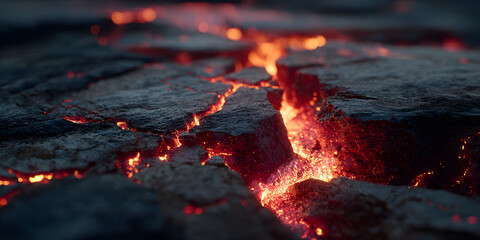 Dark volcanic rock surface texture with deep cracks emitting a brilliant molten red and orange glow from beneath. Image visualizes geological power, abstract energy, intense heat