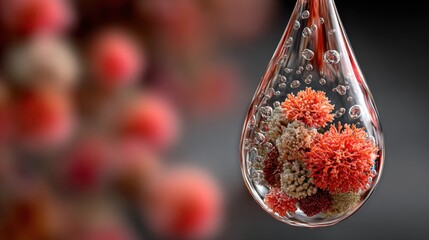 Colorful aquatic microorganisms in a droplet displaying bubbles and vibrant textures against a blurred background