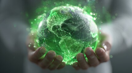 Hands Holding a Glowing Green World with Digital Connections Representing Sustainability and Global Network Concepts