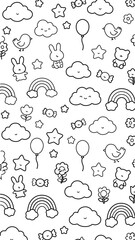 Cute vector illustration of small playful elements,rounded shapes, flat design, kawaii style, clean outline, minimal shading, white background