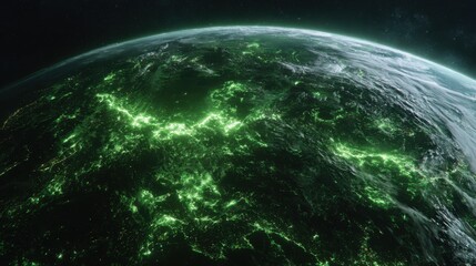 Green Earth Overview with Illuminating Patterns Resembling Active Energy Flowing Across the Planet's Surface